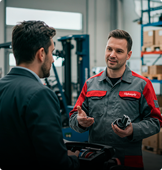 Pessoas conversando sobre peças Alphaquip