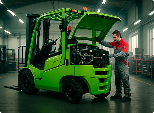 Engenheiro mecânico Alphaquip analisando empilhadeira