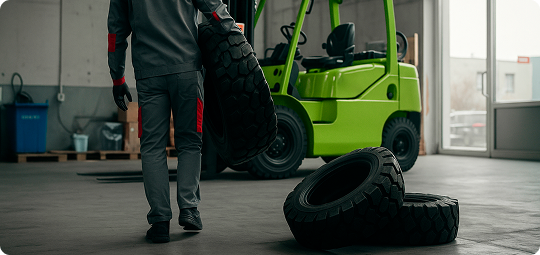 Profissional Alphaquip realizando troca de pneu da empilhadeira